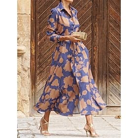 Mulheres Camisetão Vestido casual Vestido Swing Vestido maxi longo Encontro Férias Poliéster Moderno Casual Colarinho de Camisa Botão Bolsos Manga Longa Verão