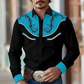 Men's Shirt Western Shirt Cowboy Shirt Long Sleeve Vintage Western Style Outdoor Street Casual Daily Fall  Winter Turndown Buttons Print Black