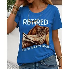 Women's 100% Cotton T Shirt Cat Letter Funny Short Sleeve Crew Neck Regular Tops Daily Blue Summer RETIRED