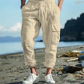 Men's Cargo Pants Linen Pants Trousers Summer Pants Beach Pants Drawstring Elastic Waist Multi Pocket Plain Comfort Breathable Full Length Casual Daily Holiday