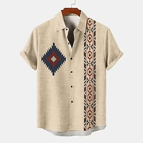 Men's Shirt Linen Shirt Retro Shirts Vintage Shirt Ethnic Shirt Daily Blue khaki Short Sleeve Turndown Summer Spring Clothing Apparel