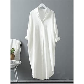 Damen Weißes Kleid blusenkleid Baumwoll-Leinenkleid Midikleid B¨¹ro Urlaub Leinen Basic Brautkleider schlicht Hemdkragen Taste Langarm Sommer Frühling Lockere