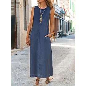 Women's Denim Dress Shift Dress Maxi long Dress Denim Modern Casual Vacation Crew Neck Patchwork Sleeveless Summer Spring Black Royal Blue Blue Pure Color S M