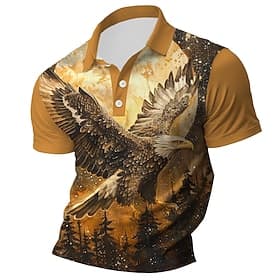 Men's Eagle Polo Shirts Golf Shirt Short Sleeve Polo Shirts Collared Shirts Funny Vacation Wear Party Outfits Buttons 3D Print Summer Yellow Gray