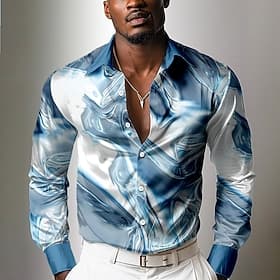 Men's Satin Shirt Button Up Shirt Printed Shirts Formal Daily Black Blue Long Sleeve Turndown Summer Spring Clothing Apparel Buttons