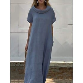 Women's Maxi Dress Faux Cotton Linen Shift Dress Casual Dress Basic Modern Daily Weekend Loose Fit Plain Short Sleeve Crew Neck Blue ArmyGreen Pink Summer Spri