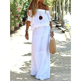 Women's Maxi Dress Linen-feel Dress Shift Dress Sundress White Dress Streetwear Maxi Casual Vacation Street Holiday Regular Fit Half Sleeve Off Shoulder Black