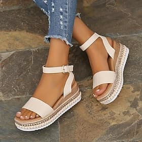 Women's Beige Crocodile - Embossed Espadrille Wedge Sandals, Adjustable Ankle Strap Platform Sandals for Summer Casual