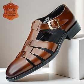 Men's Brown Premium Cowhide Leather Sandals – Open-Toe Gladiator Style with Buckle Closure, Comfortable and Breathable Casual Shoes for Summer