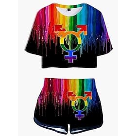 Outfits T-shirt Shorts Rainbow Casual Street Style T-shirt Sleeve Graphic for Women's Adults' 3D Print  for Carnival Masquerade Pride Parade Pride Month