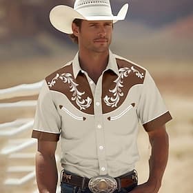 Men's Shirt Western Shirt Cowboy Shirt Short Sleeve Western Style Tribal Summer Spring Shirt Collar Yellow Green Khaki Dark Blue