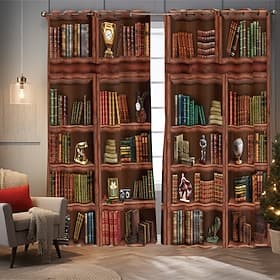 Vintage Bookshelf Blackout Curtains Door Insulation Outdoor Balcony Rest Living Room Home Decoration 2-piece Set of 3d Digital Printing Perforated