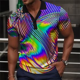 Men's Graphic Neon Polo Shirts Golf Shirt Short Sleeve Polo Shirts Collared Shirts Vacation Wear Rave Wear Party Outfits Buttons 3D Print Spring  Summer Purple