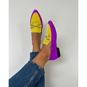 Women's Vibrant Yellow and Purple Faux Suede Loafers - Pointed Toe Slip-On Flats with Metallic Buckle Detailing for Chic Casual Style
