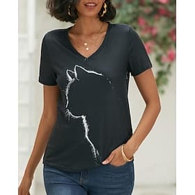T shirt Tee Femme Noir Graphic Chat Imprimer Manches Courtes du quotidien Fin de semaine basique Col V Normal Standard Chat 3D S