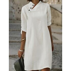 Women's Black White Pink Summer Spring Mini Dress White Dress Shirt Dress Cotton Linen Dress Basic Daily Weekend Regular Fit Floral Plain Stand Collar