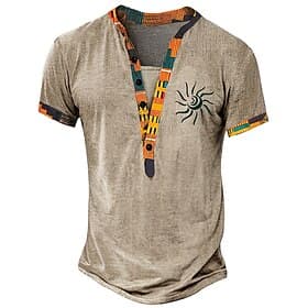 Herren Stammes Bandana-Print T Shirt Henley Hemd Kurzarm 3D-Druck Designer Ethnisch Lässig Täglich Sommer Frühling Gelb Grün Khaki Henley Henley T-Shirt