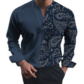 Men's Shirt Formal Daily Blue Long Sleeve V Neck Summer Spring Clothing Apparel Print