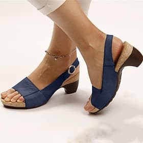 Women's Navy Blue Slingback Wedge Sandals with Open Toe and Buckle Strap - Comfortable Summer Shoes