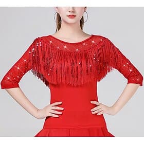 Latin Dance Ballroom Dance Top Tassel Pure Color Splicing Women's Performance Training Half Sleeve High Polyester