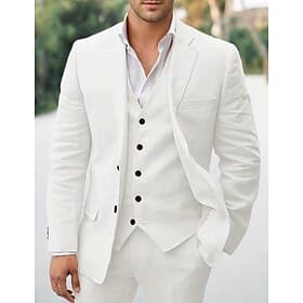 Men's Linen Suits Beach Wedding Wedding White Sky Blue Spring, Fall, Winter, Summer Suit Solid Colored Tailored Fit 3 Piece Single Breasted Two-buttons