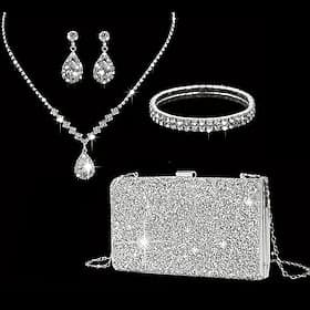 Women's Rhinestone Jewelry and Clutch Set for Weddings and Evening Parties, Sparkling Necklace, Earrings, Bracelet  Glitter Purse