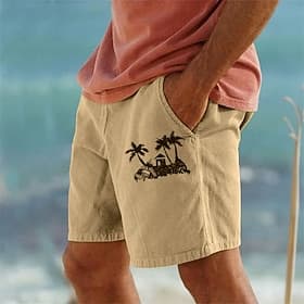 Coconut Tree Men's Cotton Linen Shorts Summer Hawaiian Shorts Beach Shorts Print Drawstring Elastic Waist Breathable Soft 10% Linen Shorts Casual Daily Holiday