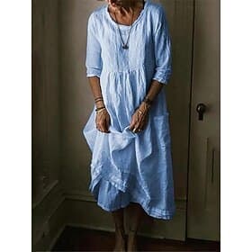 Women's Midi Dress Faux Cotton Linen Shift Dress Casual Dress Vacation Basic Modern Daily Weekend Loose Fit Plain 3/4 Length Sleeve Crew Neck Blue Black Green