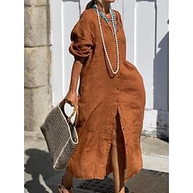 Damen Maxikleid 100% Baumwolle Kaftan Kleid Freizeitkleid Basic Modern Täglich Wochenende Lässiger Schnitt Einfach Halbarm V Ausschnitt Schwarz Marineblau Brau