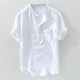 Men's Shirt Chinese Collar Shirt Mandarin Collar Shirt Popover Shirt Casual Shirt Plain Vacation Street White Yellow Sky Blue Green Short Sleeve Band Collar Su