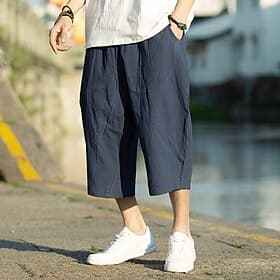 Men's Linen Pants Capri Pants Summer Pants Beach Pants Pocket Drawstring Elastic Waist Plain Comfort Breathable Calf-Length Vacation Daily Holiday Hawaiian Boh