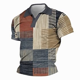 Men's Polo Shirts Golf Shirt Short Sleeve Polo Shirts V Neck Vintage Casual Vacation Wear Formal Wear Festival Wear 3D Print Spring  Summer Khaki