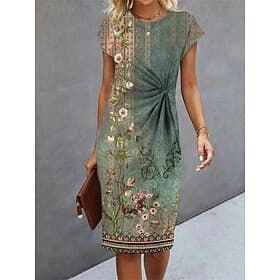 Women's Midi Dress Floral Dress Summer Dress Print Dress Fashion Streetwear Modern Daily Outdoor Vacation Regular Fit Floral Short Sleeve Crew Neck Blue Green