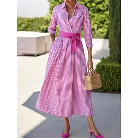 Women's Shirt Dress Casual Dress Maxi long Dress Date Vacation Modern Casual Shirt Collar Lace up Button Long Sleeve Summer Spring Regular Fit Plaid