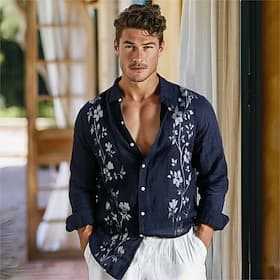 Men's Linen Shirt Cotton Linen Shirt Navy Blue Long Sleeve Floral Turndown Spring   Fall Outdoor Causal Clothing Apparel Button