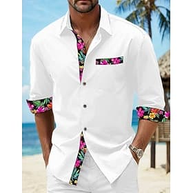 Voor heren Overhemd Linnen overhemd Zomer overhemd Strand Kleding Overhemd met knopen Bloemig Vakantie Curise Zwart Wit Blozend Roze blauw Lange mouw Revers Le thumbnail 2