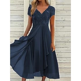 robe midi femme col v détail dentelle manches courtes mousseline fluide bleu élégant soirée fête mariage invité printemps été automne tailles polyvalentes