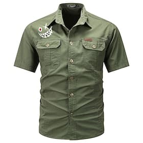 Herren Lächelndes Gesicht Arbeitshemd Westernhemd Cargohemd Kurzarm Lässig Taktisch Ausgehen Sommer Frühling Herbst Umlegekragen Knöpfe Druck Schwarz Grün Dunk