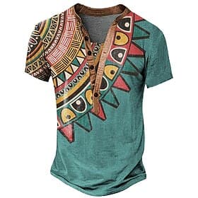 Men's Graphic Tribal Henley Shirt Short Sleeve 3D Print Fashion Designer Basic Daily Summer Royal Blue Light Brown Khaki Stand Collar Henley T-Shirt
