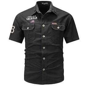 Men's Flag American US Flag Letter Printed Work Shirt Western Shirt Cargo Shirt Short Sleeve Casual Tactical Going out Summer Turndown Buttons Print Black Army