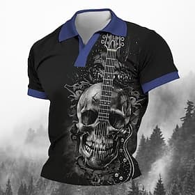 Tag der Toten Herren Schädel Gitarre Poloshirts Golfshirt Kurzarm Polo-Shirts V Ausschnitt Horror Streetwear Festivalkleidung Party-Outfits 3D-Druck Frühling