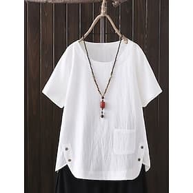 Women's Plus Size Cotton Linen Shirts T Shirt Faux Cotton Linen Pocket Plain Daily Casual Short Sleeve Crew Neck Regular Tops Daily White Spring All Seasons
