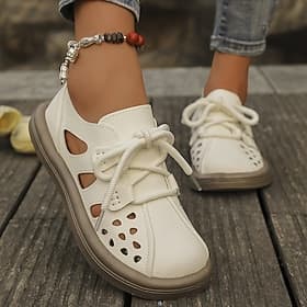 Women's White Cutout Lace-Up Faux Leather Flats – Breathable Casual Walking Shoes for Summer, Travel  Everyday Wear