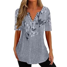chemisier femme décontracté boutons floraux imprimé manches courtes hauts réguliers col rond vacances quotidien rose bleu marine bleu gris été