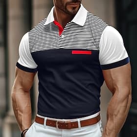 Men's Polo Shirt Golf Shirt Casual Holiday Ribbed Polo Collar Short Sleeve Fashion Basic Color Block Stripes Classic Summer Regular Fit White Yellow Burgundy N