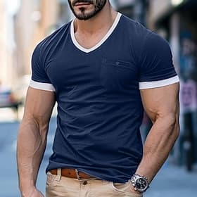 Men's V Neck Tee Short Sleeve Shirt Tee Top Short Sleeve V Neck Summer Patchwork Vintage Daily Sports  Outdoors Patchwork Pocket Outdoor Street Causal Army Gre