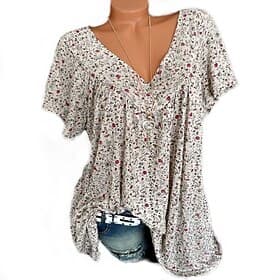 Women's Shirt Blouse Stylish Modern Floral Print Short Sleeve Regular Tops V Neck Vacation Daily Black White Yellow Wine Summer
