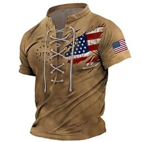 4th of July 2026 250th Memorial Day Men's Patriotic Patriot 3D Print US Flag Veteran Lace up Short Sleeve T-Shirt Casual Outdoor Sports