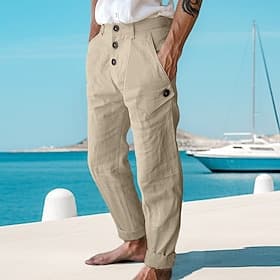 Men's Linen Pants Trousers Summer Pants Front Pocket Straight Leg Plain Comfort Breathable Full Length Casual Daily Holiday Fashion Basic White Blue Micro-elas