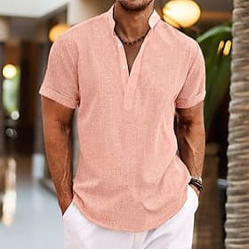 Voor heren Overhemd Linnen overhemd Popover-shirt Zomer overhemd Strand Kleding Overhemd met bandkraag Effen Vakantie Casual Zwart Wit Geel Blozend Roze Korte